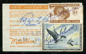 US #RW30 Used on 1963 Nebraska license, with NE bird stamp - Picture 1 of 2