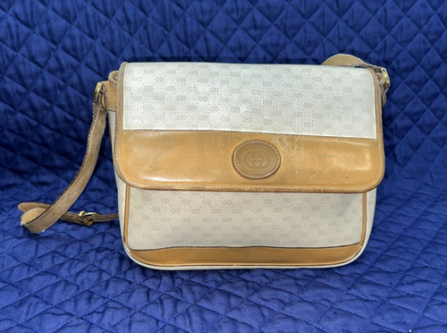 BORSA VINTAGE GUCCI MARRONE E BEIGE STAMPA LOGO PELLE PATTA SUPERIORE SELLA STILE BORSETTA