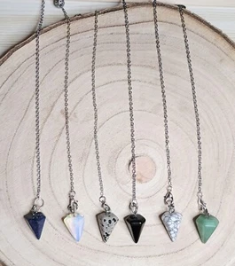6 Mixed Crystal Dowsing Pendulums On Chains - Jasper, Opalite, Lapis, Aventurine - Picture 1 of 2