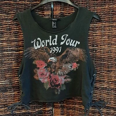 Camisa Forever 21 Para Mujer Pequeña Negra Camiseta sin Mangas Águila Rosas Hippie Festival Boho Foto 1 de 4
