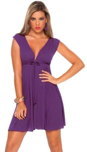 4735 Mini Vestido Púrpura Cuello Profundo Cóctel Imperio Cintura Corto Verano Sol S M L XL - Imagen 1 de 3