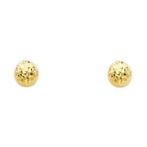 Ioka - 14K Yellow Gold Full Diamond Cut Ball Small Studs Post Push Back Earrings - Picture 1 of 2