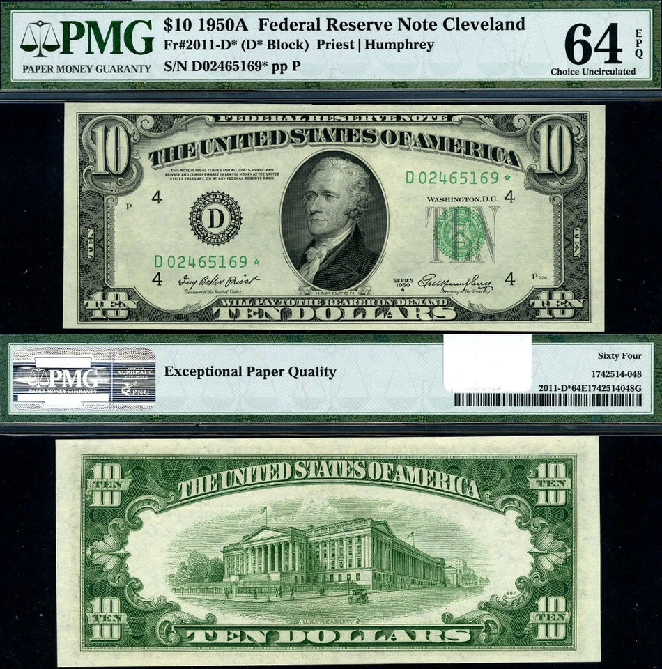 FR. 2011 D* $10 1950-A Federal Reserve Note Cleveland D-* Block Choice PMG CU64 - Image 1 of 3