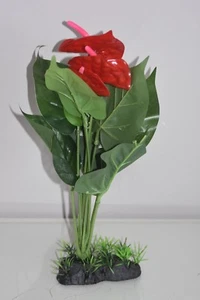 Aquarium Large 30 cms Plastic Plants With Budding Red Flowers & Weighted Base - Picture 1 of 5
