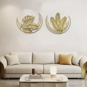 2x Gold Floral Ginkgo Leaf Decorative Wall Hanging Metal Moon Circular Sculpture - Foto 1 di 16
