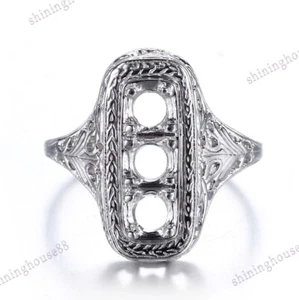 Semi Mount Engagement Ring 14k White Gold Vintage Estate Three Stone 4mm Round - Picture 1 of 9