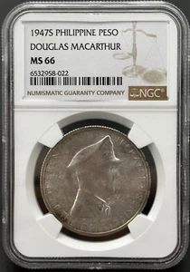 1947 S PHILIPPINES US WWII General DOUGLAS MACARTHUR Silver Peso Coin NGC MS 66 - Picture 1 of 5