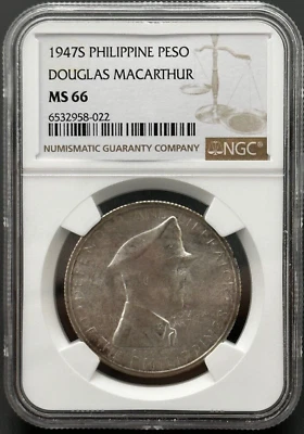 1947 S PHILIPPINES US WWII General DOUGLAS MACARTHUR Silver Peso Coin NGC MS 66 - Image 1 of 4