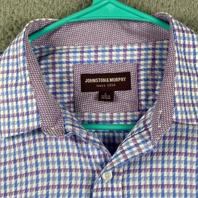 Johnston & Murphy Button Up Shirt Men's Large Purple Blue Houndstooth Preppy - Image 1 of 4