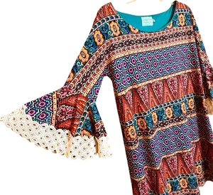 Judith March Vibrant Aztek Patterned Bell Crochet Trim Sleeve Dress sz L - Picture 1 of 7