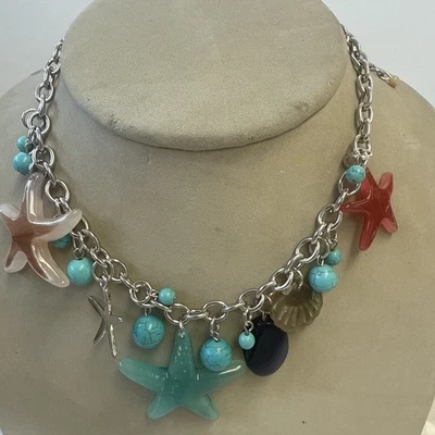 Ретро Plexi серебро ожерелье многоцветный и морские звезды и раковины - Изображение 1 из 2