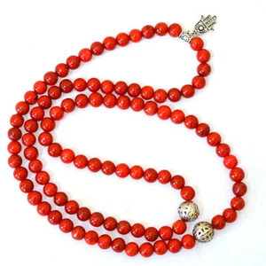 Red Sea Coral Marjan Tasbih Necklace Hamsa Hand Charm Natural Spiritual Gift - Picture 1 of 4