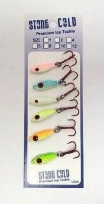 STONE COLD PREMIUM ICE FISHING TACKLE T-Rex ICE JIG Super Glow Slab Spoon Treble 1/8 Lethal Walleye JIg Stone Cold