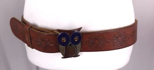 Hollister Belt Women M L Brown Leather Owl Metal Buckle Boho Hippie Flower Child - Picture 1 of 16