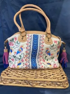 Sharif Andalusian Garden Embroidered Canvas Leather Trim Satchel - Picture 1 of 14