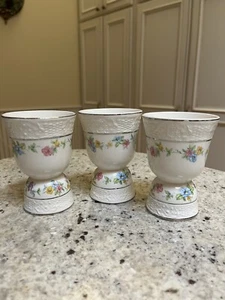 Vintage Set of 3 Double Egg Cups Gold Rim Floral Pattern Pink Blue Yellow - Picture 1 of 8