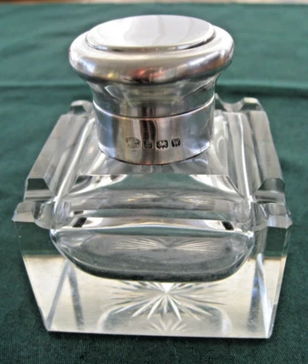 Art Deco Inkwell Hallmarked 1921 Clark tampa articulada prata vidro maciço pesado 3" - Imagem 1 de 4