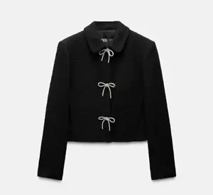 Zara Womens Bow Button Blazer Jacket Size L Black Textured 8711/123 NWT - Picture 1 of 17
