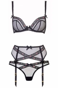 AGENT PROVOCATEUR EDITA BABYDOLL BRA THONG SUSPENDER SET 32B SMALL BNWT - Picture 1 of 3