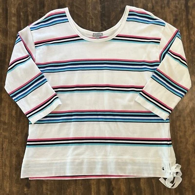 T By Talbots Sweater Womens Sz L White Striped 3/4 Sleeve Side Tie Top Crew Neck - Image 1 of 4
