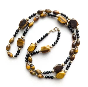 Chunky Tiger's Eye Onyx Beaded Necklace Vintage Southwestern Jewelry Gift 37" - Picture 1 of 5