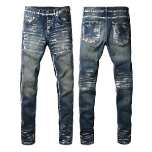 Nowe spodnie męskie w stylu pop fioletowe markowe wybielające zagniecenia skinny niebieskie dżinsy PB9040A