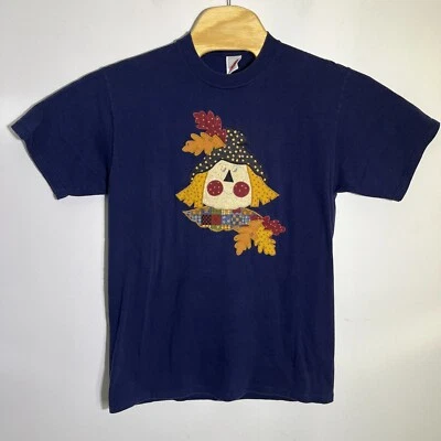 Vintage Jerzees Womens L Blue Embroidered Short Sleeve Fall Scarecrow T Shirt - Image 1 of 4