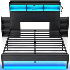 Bed Frame Full Size with Bookcase Storage Headboard, Slide Out Bedside Storage - Photo 1 sur 4