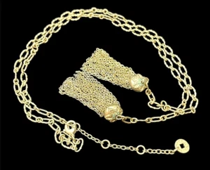 Lange Kette Halskette doppelte Quaste Anhänger signiert Karma Bella goldfarbenes Metall 28 Zoll - Bild 1 von 12