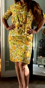 Vintage ca 60er Jahre ärmellos gelb zitronenfarben Gürtel mehrfarbig Nylon Kleid - Bild 1 von 14