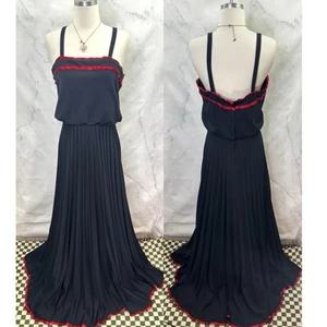 Maxi abito vintage ILGWU anni 70 plissettato Union Made Nadine nero e rosso Romantix gotico - Foto 1 di 17