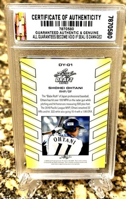 SHOHEI OHTANI RC 2018 LEAF DRAFT CLASSIFICADO GEM-MT 10 CARTÃO DE NOVATO #DY-01. Certificado de autenticidade! - Imagem 1 de 3