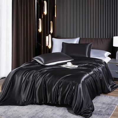 Bettwäsche Set Satin Schwarz Uni Luxus Sommer Seide Glatt Deckenbezug Weiß Rosa - Bild 1 von 4
