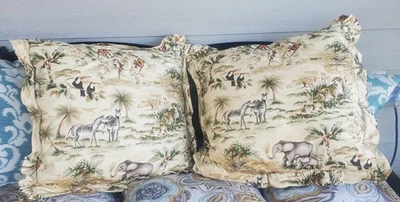 Rare Vintage 22" Safari Animal Print Throw Pillows Pair Corded & Ruffled Unique - Image 1 of 4