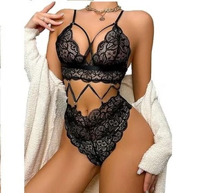 Women Sexy Floral Lace Lingerie Sets Deep V Neck Criss Cross Strap Bra - Picture 1 of 11
