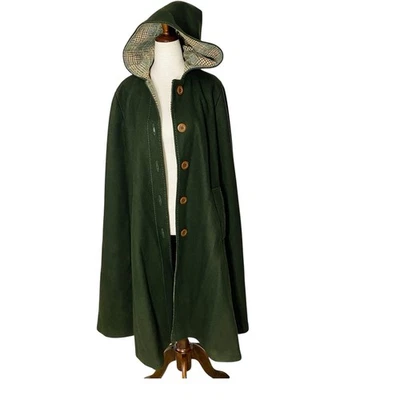 VINTAGE Wool Hooded Cloak Jacket 2XL Green Houndstooth Lined Ethereal Academia - Image 1 of 4