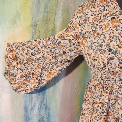 2X Midi Floral Dress Vee Puff Sleeve Feminine Boho Prairie Pink Orange XX Large - Image 1 of 4