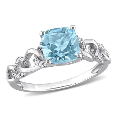 AMOUR 1 3/4 CT TGW Cushion Sky Blue Topaz and 1/10 CT TW Diamond Link Ring In - Image 1 of 4