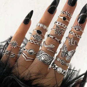 Juego de anillos apilados retro bohemios con incrustaciones geométricas para mujer 21 un. - Imagen 1 de 3