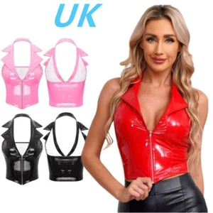 AU Womens Patent Leather Vest Crop Top Deep V Neck Halter Backless Waistcoat - Picture 1 of 41