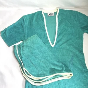 Terrycloth Coverup SS Tee Shirt Top Shorts Set Vintage 70s Retro Sz M Rare See - Picture 1 of 19