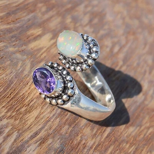Fire Opal & Amethyst Cut Gemstone 925 Sterling Silver Ring Wife Spacial Day Gift - Picture 1 of 7