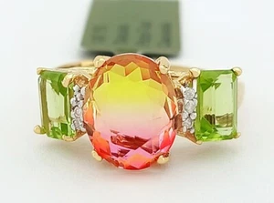 LAB CREATED TOURMALINE, GENUINE PERIDOT & DIAMONDS RING 10K GOLD - New With Tag - Picture 1 of 5