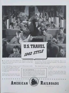 Anuncio impreso vintage de American Railroads 1942, ejército de Estados Unidos transportado al frente de batalla - Imagen 1 de 1
