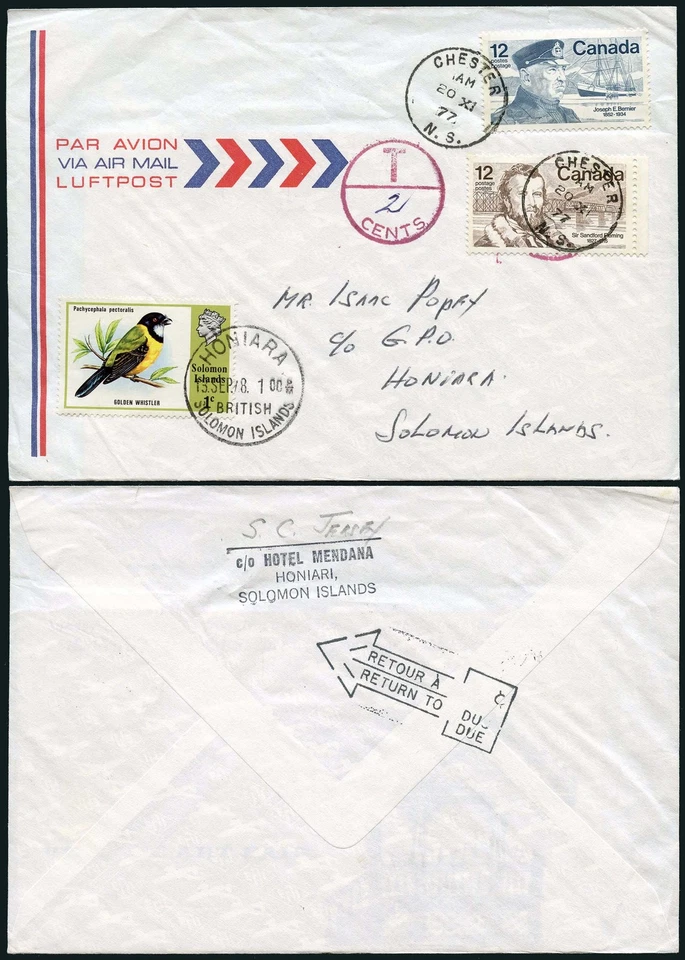FRANQUEO DE LAS ISLAS SOLOMÓN DEBIDO de CANADÁ NOVA ESCOCIA... PÁJARO 1978.. 10 meses de viaje Foto 1 de 1