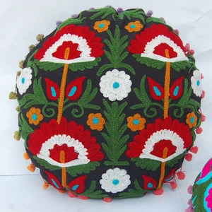 16" Round Cushion Cover Handmade Pom Pom Uzbek Traditional Suzani Embroidery - Picture 1 of 6