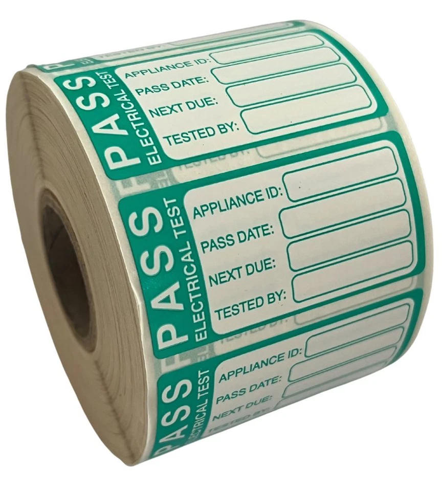 638 LABELS PAT Test Labels - 50 x 25mm - Pass - Tough Non-Tear Polypropylene Labels