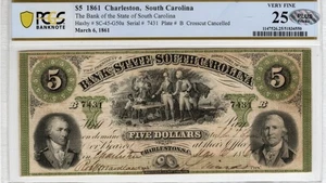 South Carolina - Bank State of SC - 1861 5 $ Süßkartoffel Abendessen PCGB SS 25 PLUS - Bild 1 von 2