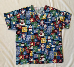 Peaches Womens Small Scrub Top Colorful Snowmen Print Nurse Medical Uniform - Picture 1 of 6