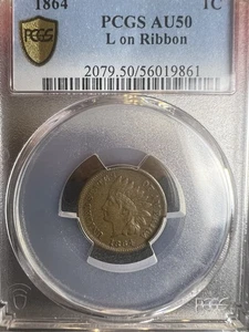 1864 Lon Ribbon Indian Head Cent PCGS AU 50 Absolutely Solid - Picture 1 of 3